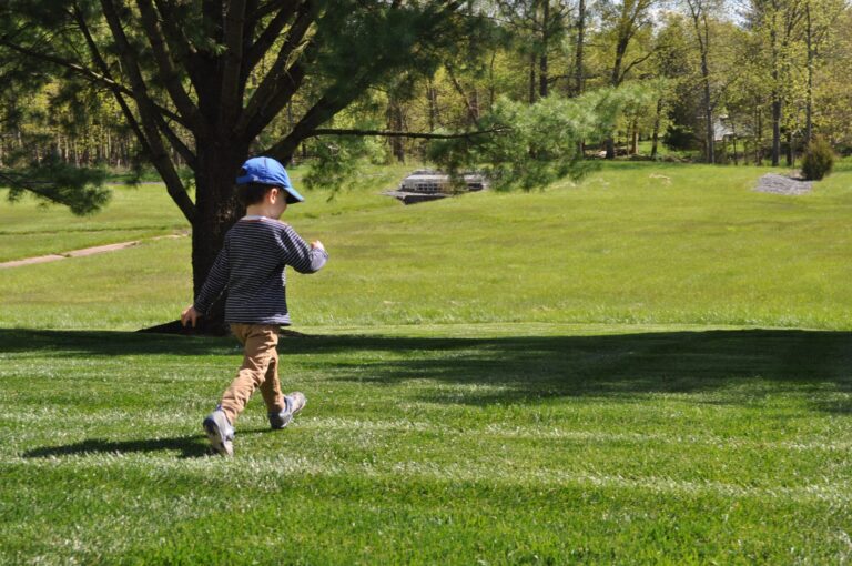 boy walking on lawn