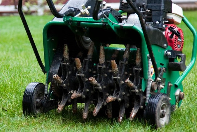 Picture of an aeration machine core aerating lawn