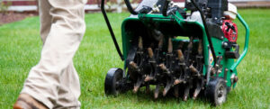 picture of man walking behind core aerator 