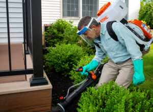 Technician applying a mosquito application under a deck.